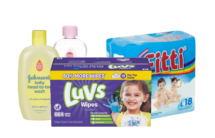 A display of baby products, including wipes, diapers, and johnson & johnson products
