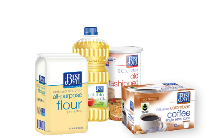 A display of Best Yet brand products, including canola oil, flour, coffee, and oatmeal