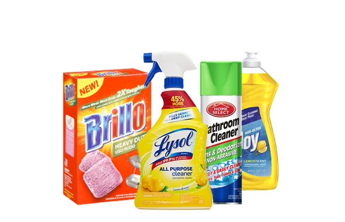 A display of cleaning supplies, including lysol, bathroom cleaner, joy dish detergent, and brillo pads