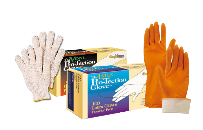 A display of gloves, including vinyl, cloth, and rubber gloves
