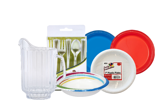 A display of party supplies, including a pitcher and disposable eatingware