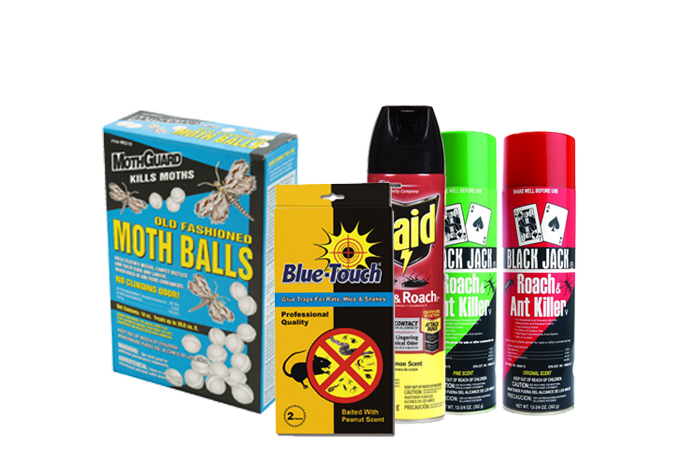 A display of pest control products, including raid, blue touch glue traps, and moth balls